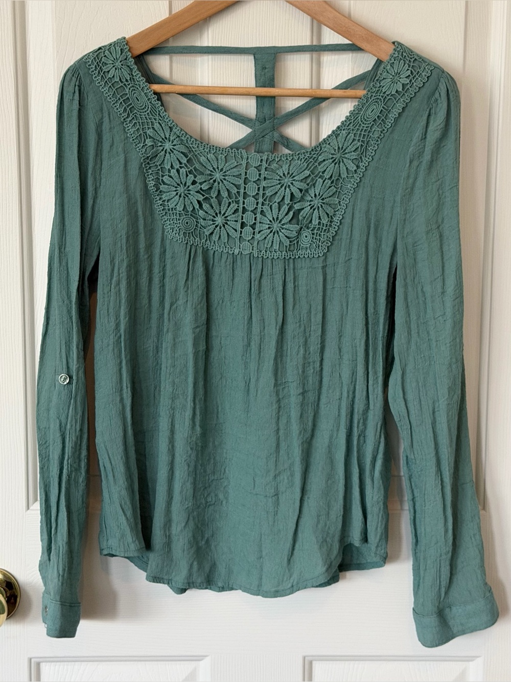 mine Teal Green Crochet Yoke Long Sleeve Top